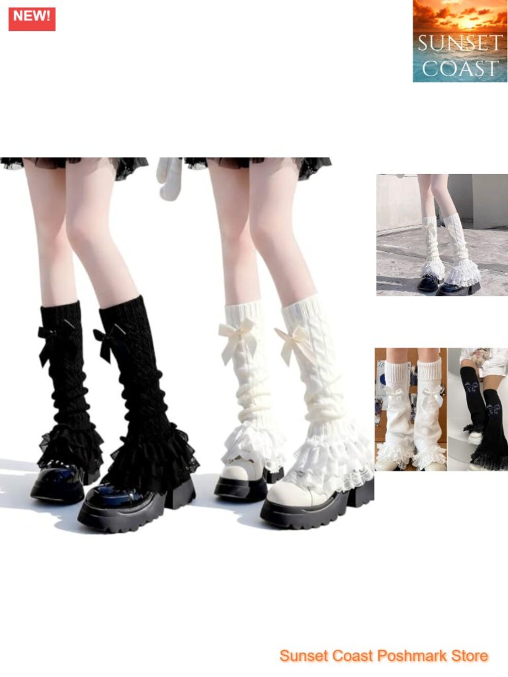 2 Pc Lace Leg Warmers Knitted Acrylic Knee High Bow Lolita